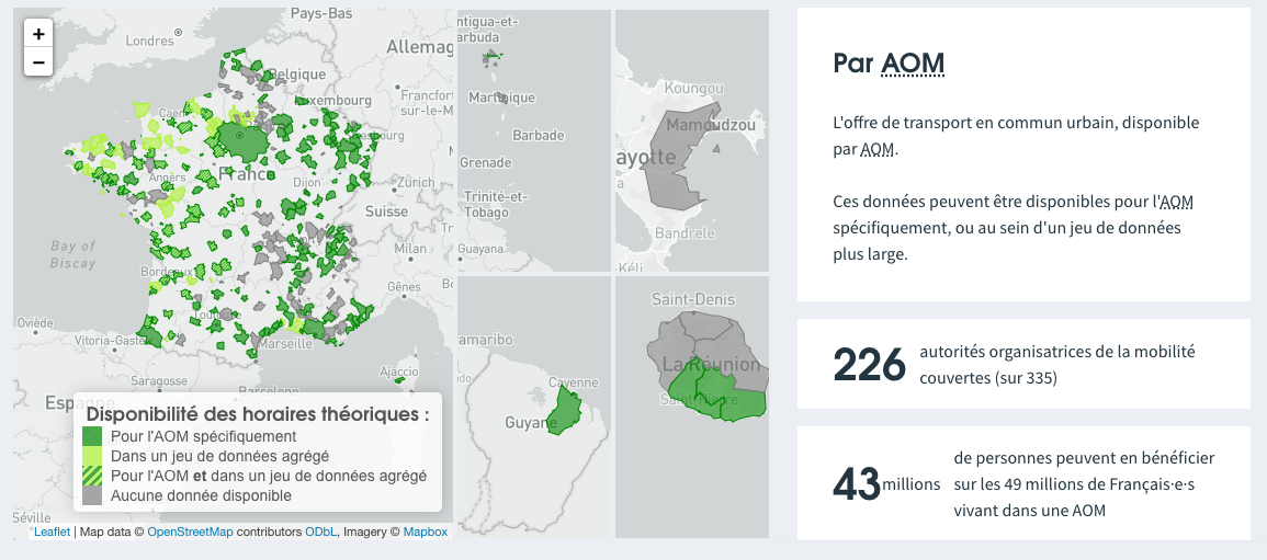 Carte des jeux de données disponibles en France (transports urbains, en nombre d'autorités organisatrices référencées)